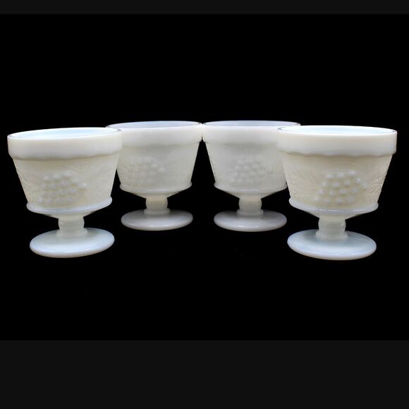 Vintage Anchor Hocking Milk Glass Dessert Cups Harvest Grape & Leaf Pattern (4) - Picture 3 of 6